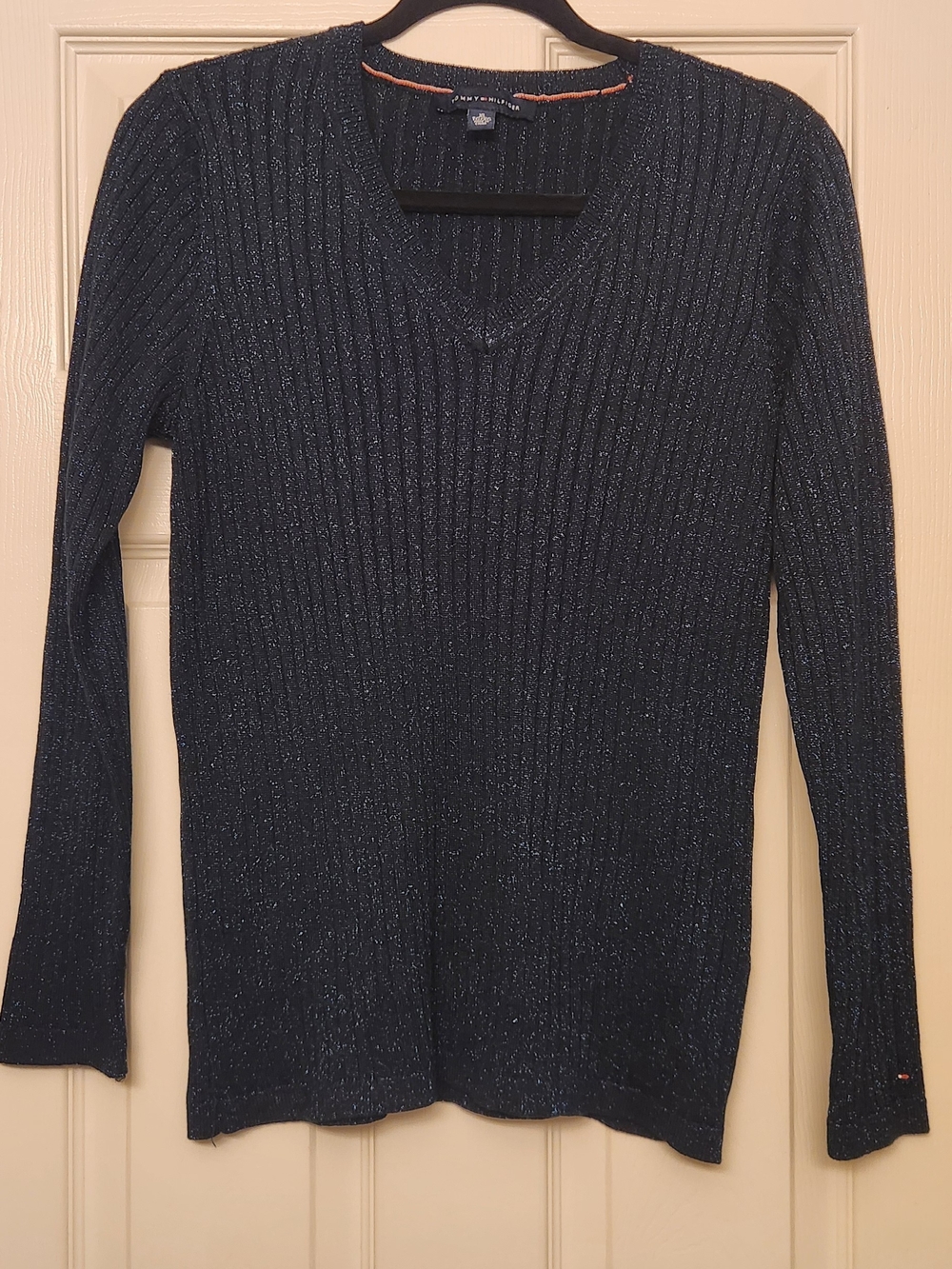 Tommy Hilfiger Navy Blue Metallic V-Neck Ribbed Sweater